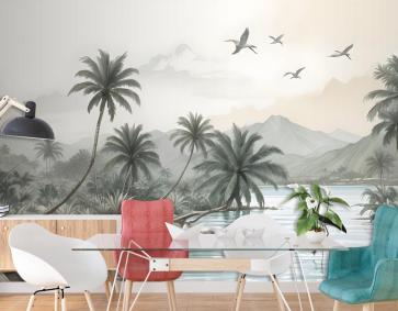 Kuşlarla Tropikal Doğa Manzarası Duvar Kağıdı