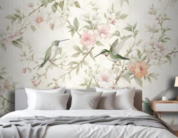 Kuşlarla Vintage Çiçekler Yatak Odası Duvar Kağıdı