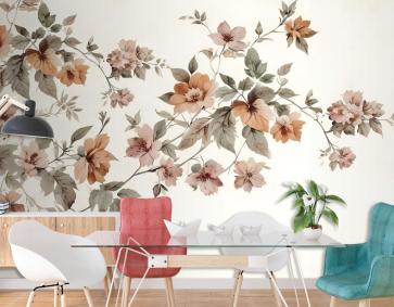 Vintage Turuncu Kahverengi Çiçekler Duvar Kağıdı