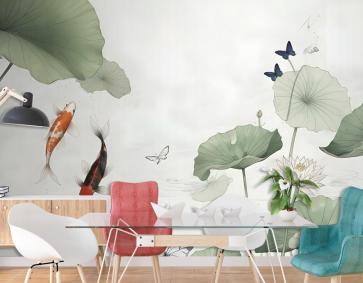 Suluboya Lotus Çiçeği Ve Kelebekler Duvar Kağıdı