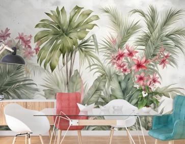 Suluboya Tropikal Yaprak Ve Çiçekler Duvar Kağıdı