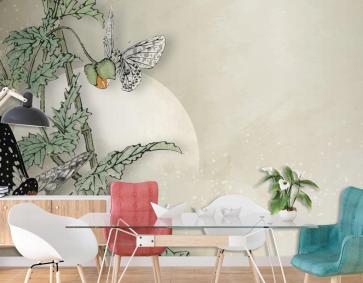 Yapraklı Kelebek Tasarım Vintage Duvar Kağıdı