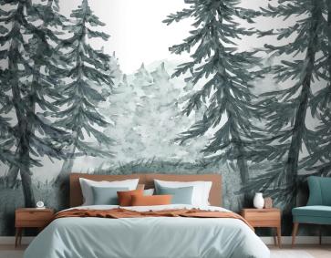 Suluboya Orman Manzarası Yatak Odası Duvar Kağıdı