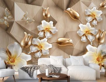 3 Boyutlu Arka Plan Altın Çiçekler Duvar Kağıdı