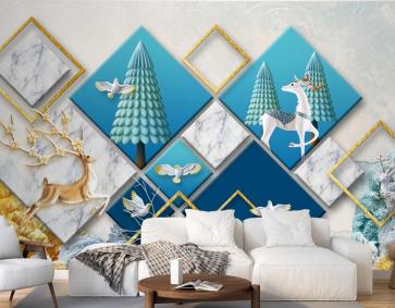 3D Duvar Kağıdı Çiçek Desenli Geyik Arka Planı