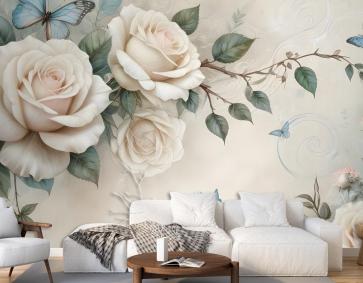 3D Görünümlü Krem Gül Çiçek Duvar Kağıdı