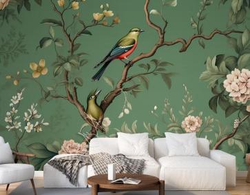 Çiçekler Dallar Kuşlar Altın Fırça Darbeleri Duvar Kağıdı