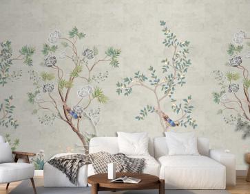 Bahar Sorunsuz Arka Plan Ağaç Ve Kuş Chinoiserie Güzel Duvar Kağıdı