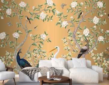 Tavus Kuşu Ve Çiçek Ağaçları Ile Chinoiserie Duvar Kağıdı Duvar Kağıdı