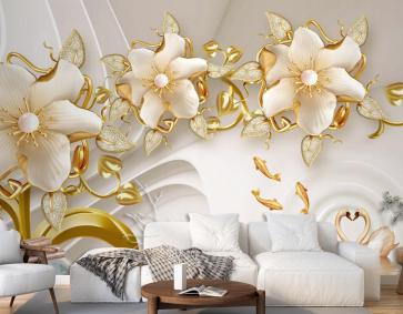 Çiçekli Kuğu Ve Balık Arka Planlı 3D Duvar Kağıdı