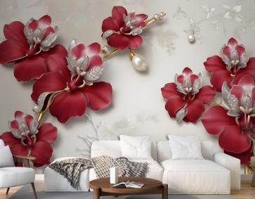 Kristal Kırmızı Çiçek Sanatı Duvar Kağıdı 