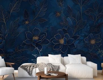 Koyu Lacivert Şakayık Çiçek Çizim Sanat Duvar Kağıdı 
