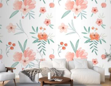 Şeftali Tonlarında El Boyalı Suluboya Çiçek Desenli Duvar Kağıdı