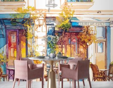 Kaldırım Kafe Veya Restoran Sulu Boya Duvar Kağıdı