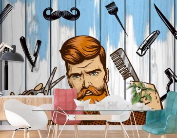 Mavi Boya Ahşap Arka Plan Erkek Berber Duvar Kağıdı