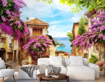 Mor Çiçekler Eski Şehir Manzara Duvar Kağıdı