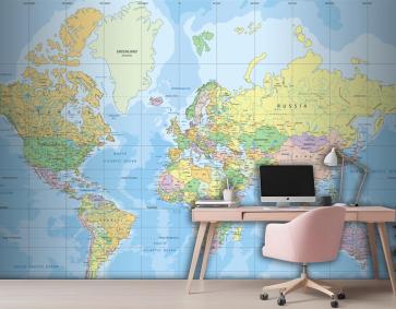 Mercator Projeksiyon Duvar Kağıdı Duvarındaki Siyasi Dünya Haritası