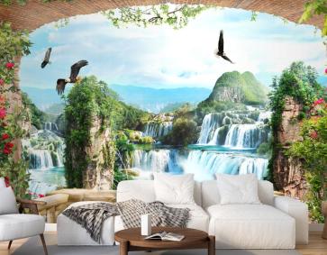 Şelalelerin Eşlik Ettiği Balkon Manzarası Duvar Kağıdı