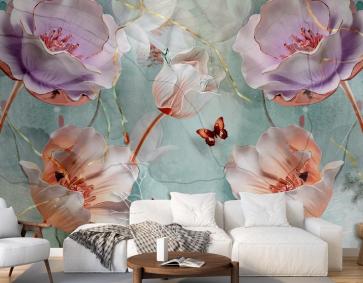 Su Yeşlili Arka Plan Ve 3D Çiçek Duvar Kağıdı