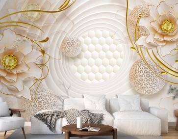 Suda Balık Çiçekli Arka Planlı 3D Duvar Kağıdı