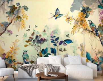 Tropikal Kuşlar Sarı Temalı Duvar Kağıdı