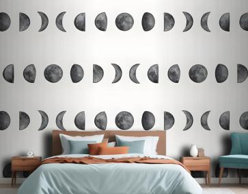 Suluboya Dolunay Hilal Desen Yatak Odası Duvar Kağıdı