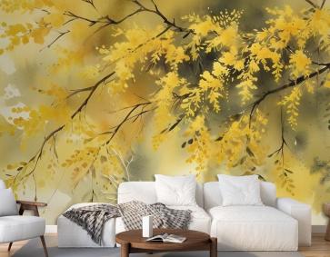 Suluboya Sarı Ağaç Manzara Duvar Kağıdı 