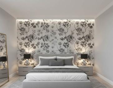 Siyah Beyaz Parlak Çiçek Desenli Duvar Kağıdı 3007