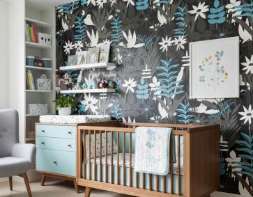 Siyah Zemin Mavi Beyaz Çiçek Duvar Kağıdı 112032