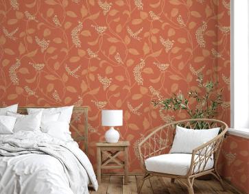 Turuncu Dallı Çiçekli Kuşlu Duvar Kağıdı 53081