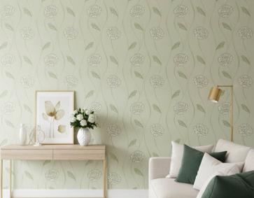 Yeşil Çiçekli Hafif Simli Duvar Kağıdı 670219