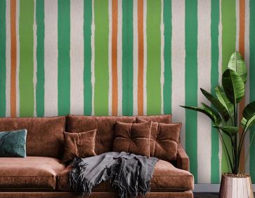 Yeşil Turuncu Krem Çizgili Ucuz Duvar Kağıdı 53396