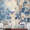 Mavi Beyaz Duvar Kağıdı Duvarında Mavi Beyaz Çiçek Baskısı Var