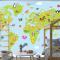 Karikatür Hayvanlı Dünya Haritası Çocuk Odası Duvar Kağıdı