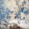 Mavi Beyaz Duvar Kağıdı Duvarında Mavi Beyaz Çiçek Baskısı Var