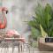 Tropikal Yapraklı 3D Görünümlü Pembe Flamingo Duvar Kağıdı