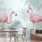 Tropikal Yapraklı Vintage Pembe Flamingo Duvar Kağıdı