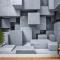 3D Görünümlü Beton Tarzı Gri Soyut Küpler Duvar Kağıdı