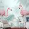 Tropikal Yapraklı Vintage Pembe Flamingo Duvar Kağıdı