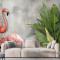 Tropikal Yapraklı 3D Görünümlü Pembe Flamingo Duvar Kağıdı