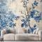 Mavi Beyaz Duvar Kağıdı Duvarında Mavi Beyaz Çiçek Baskısı Var