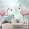 Tropikal Yapraklı Vintage Pembe Flamingo Duvar Kağıdı