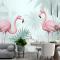 Tropikal Yapraklı Vintage Pembe Flamingo Duvar Kağıdı