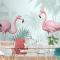Tropikal Yapraklı Vintage Pembe Flamingo Duvar Kağıdı