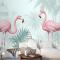 Tropikal Yapraklı Vintage Pembe Flamingo Duvar Kağıdı