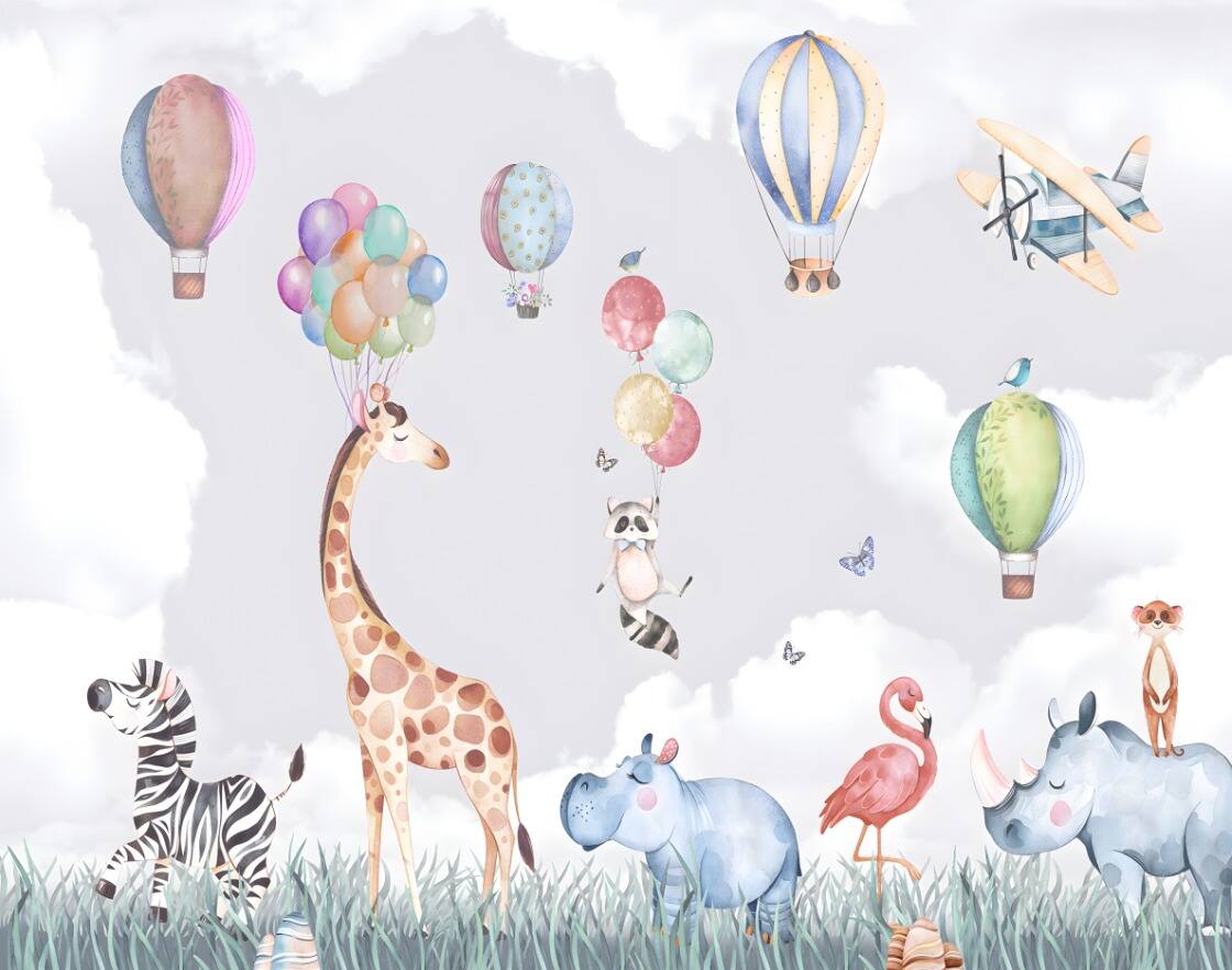 Safari Hayvanları Zürafa Zebra Gergedan Flamingo Duvar Kağıdı