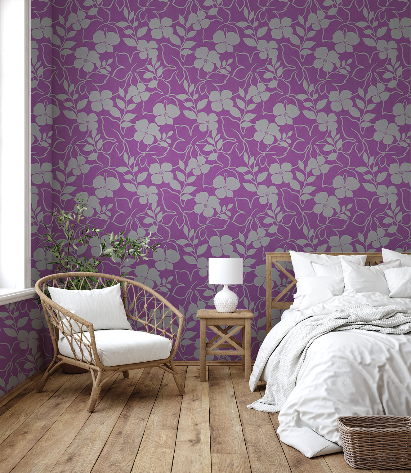 Scandinavian Farmhouse Bedroom Interior Wall Mockup 3D Render
