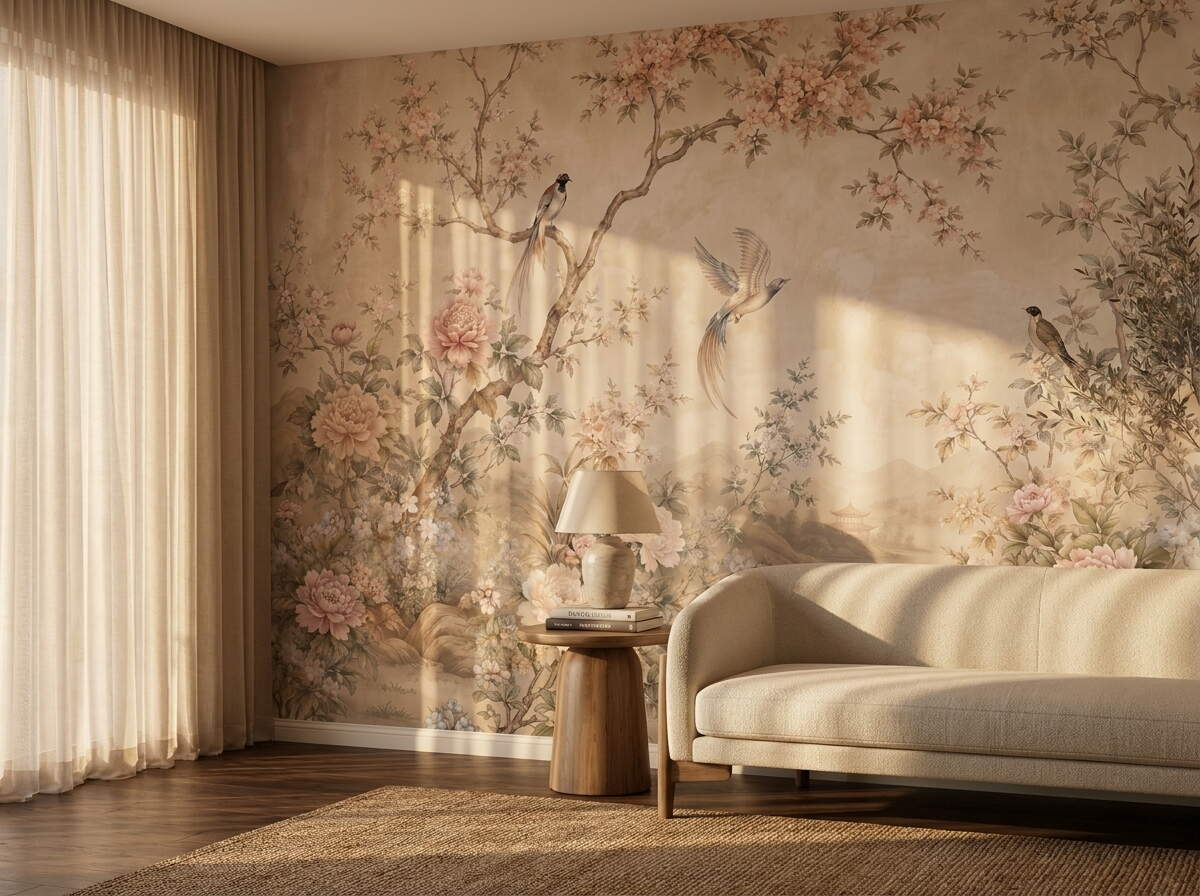 Bej Çin Kuşlu Şakayık Çiçekli Salon Duvar Kağıdı