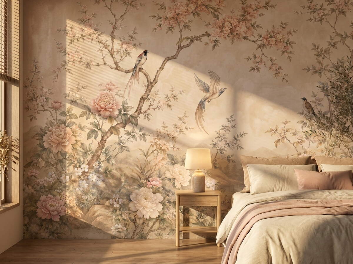 Bej Çin Kuşlu Şakayık Çiçekli Salon Duvar Kağıdı