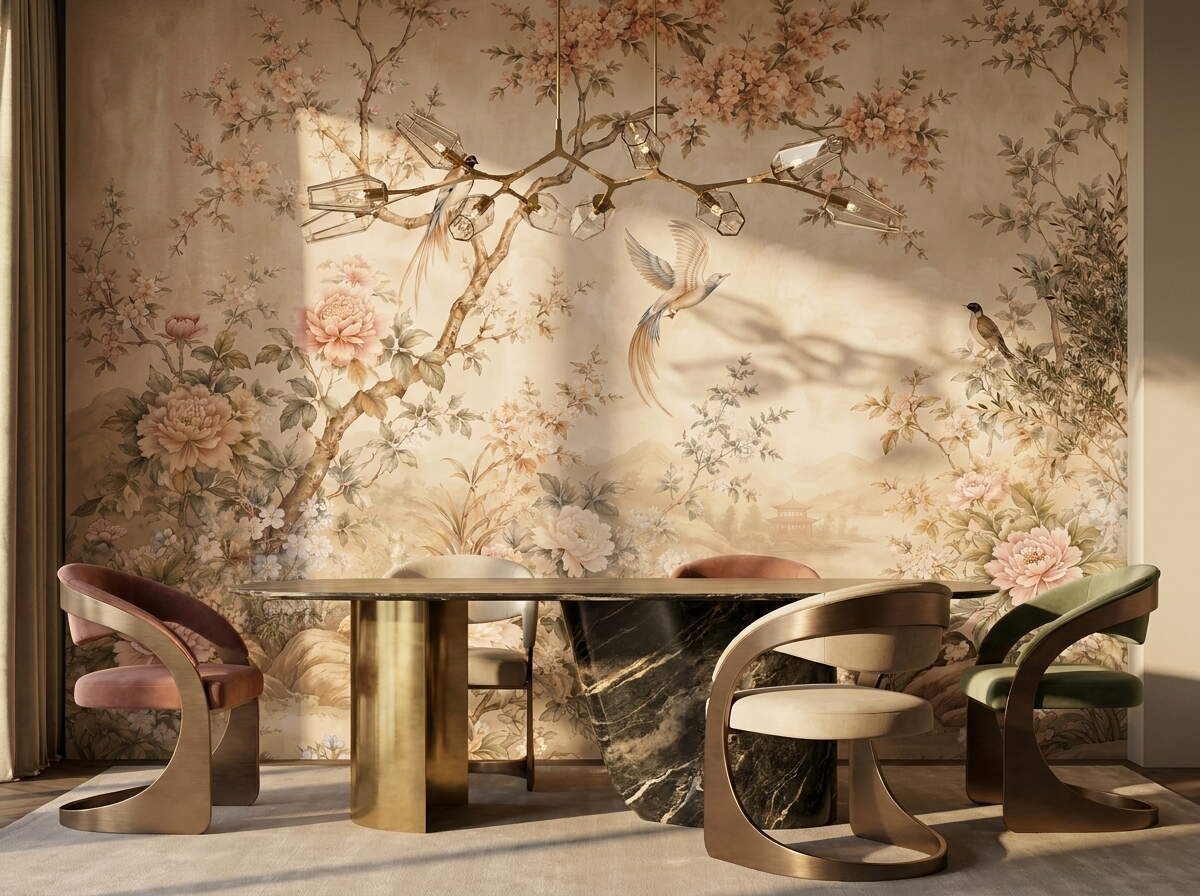 Bej Çin Kuşlu Şakayık Çiçekli Salon Duvar Kağıdı